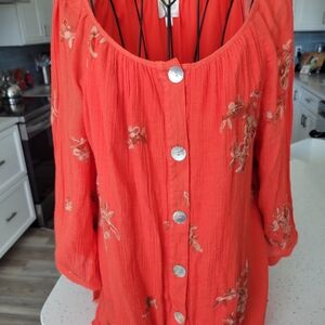 Fig and Flower Vibrant Coral Embroidered Blouse